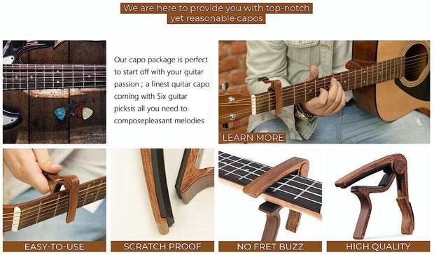 Capo Quick Change Guitar Capo  Wooden With 5 Guitar Picks